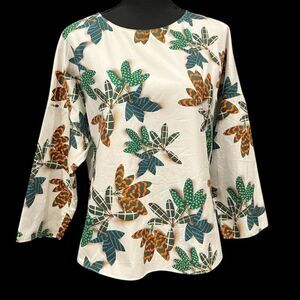 $600 Akris Punto Tropical Leaf Print Bateau Neckline Cotton Blouse Sz 4 (S)